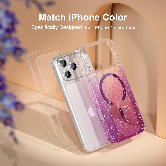 Choiche Magnetic for iPhone 17 Pro Max Case Compatible with MagSafe, Women Cute Glitter Sparkly Phone Case with Diamond Camera Lens Protectors, Military-Grade Drop Protection 6.9" (Clear/Purple)