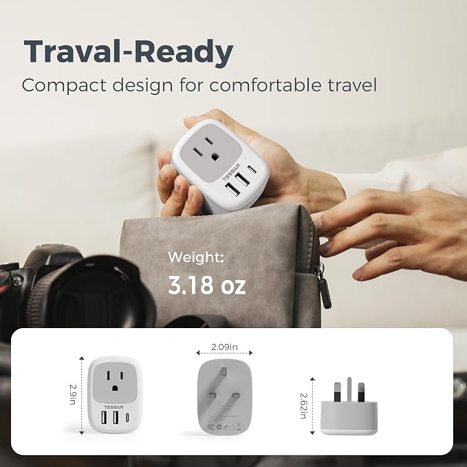 TESSAN US to UK Plug Adapter, Type‑G Adaptor 3‑Pack | 3 USB Ports (1 USB‑C), for Ireland Scotland Dubai Hong Kong Kenya London England