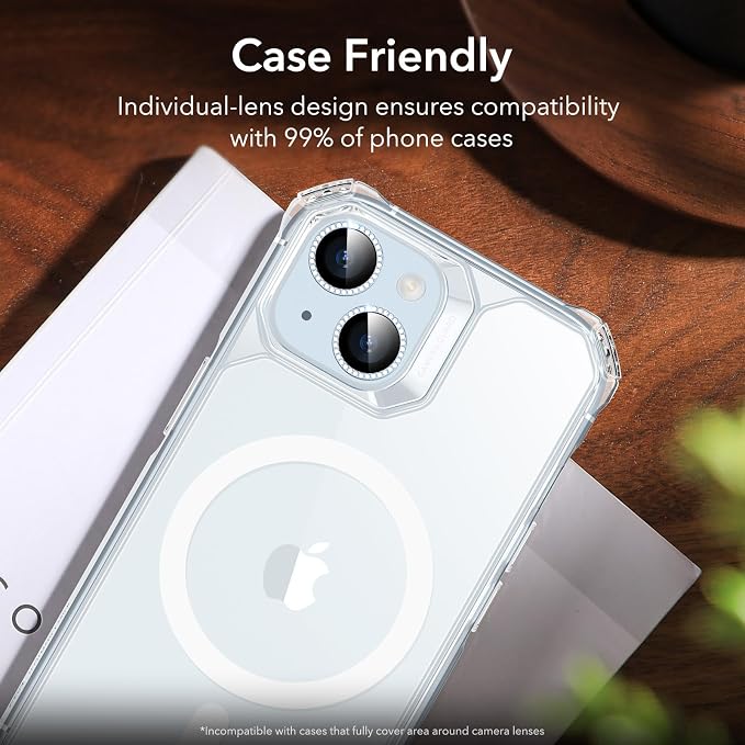 ESR 2 Pack Camera Lens Protector for iPhone 15/15 Plus/14/14 Plus, Ultra-tough HD Individual Lens Protectors, Scratch Resistant, Ultra-thin Tempered Glass, Armorite Series, Rhinestone Blue