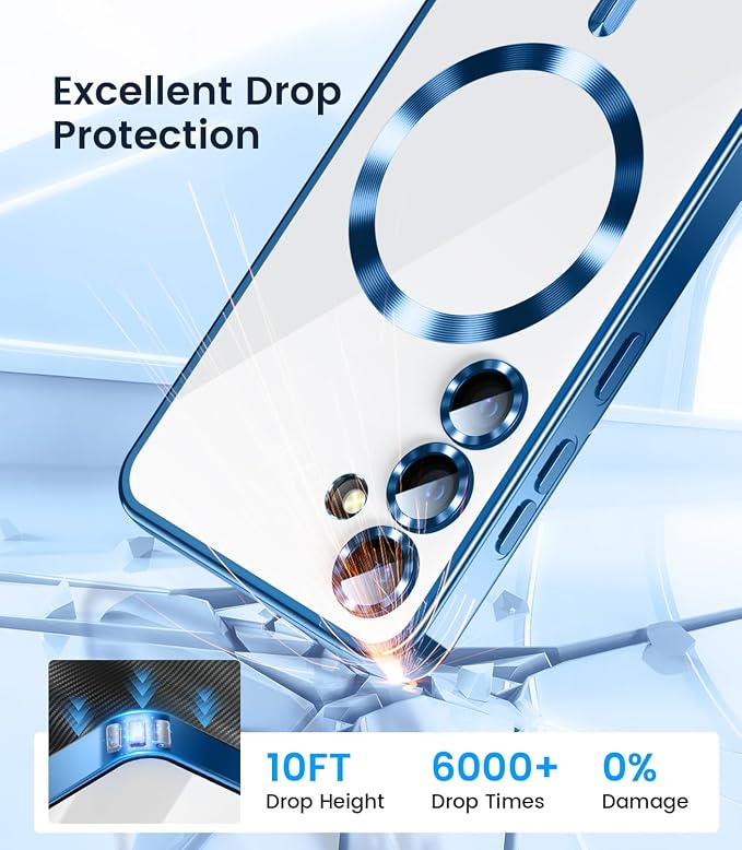 Slim Thin for Samsung Galaxy S25 Plus Clear Case, Compatible with MagSafe, Built-in Camera Lens Protector, Shockproof Protective Phone Case, Electroplated Bumper Cover, Sapphire Blue