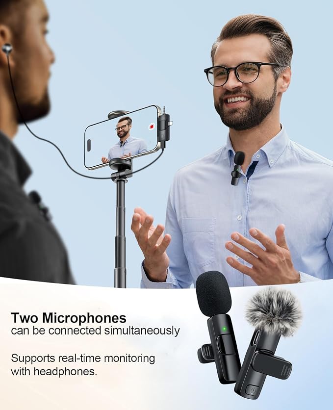 3-in-1 Mini Microphone for iPhone: Wireless Lavalier Microphones for iOS/Android/Camera - Noise Reduction Lapel Mic, Clip on Mic for Video Recording Vlog, YouTube