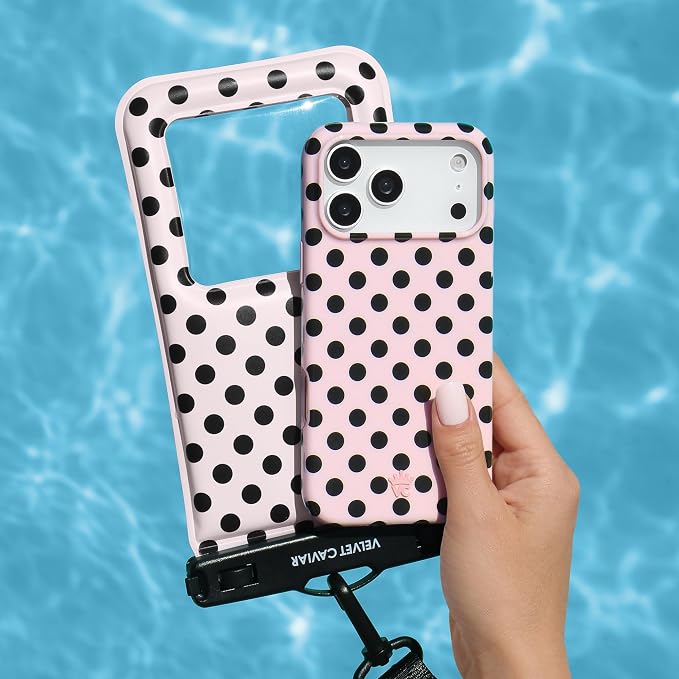 VELVET CAVIAR Waterproof Phone Pouch with Lanyard | IP68 Floating Case for iPhone & All Phones | Dry Bag for Snorkeling, Beach, Kayaking | Travel & Cruise Essentials for Women (Pink Polka Dot)