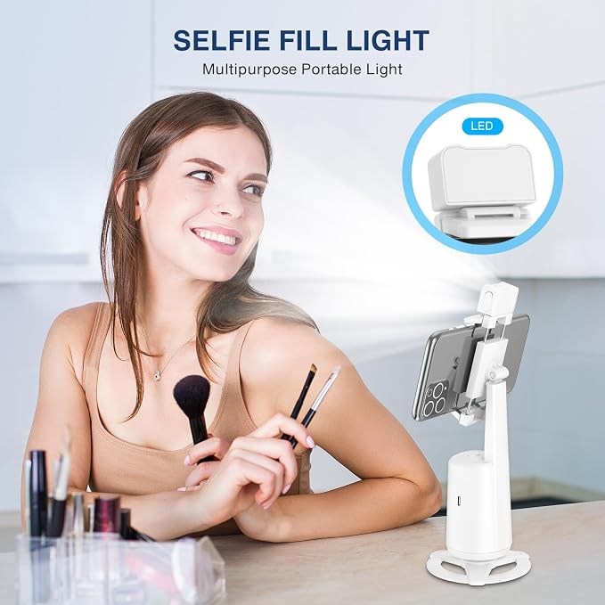 Auto Face Tracking Tripod 360° Rotating Cell Phone Photo and Video Kits Stand, No App, Camera Stand with Remote and Gesture Control, Rechargeable Smart Shooting Stand for Live Recording Tiktok(White)