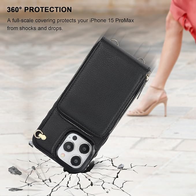 KIHUWEY Crossbody Wallet Case for iPhone 15 Pro Max, Zipper Pocket Case with Card Holder, PU Leather RFID Blocking Protective Cover with Kickstand and Detachable Wrist Strap Lanyard, 6.7" (Black)