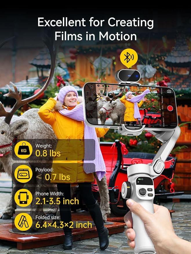 AOCHUAN Gimbal Stabilizer for iPhone, Phone Gimbal with AI Tracking Sensor for Vlog Recording, 3-Axis Phone Gimbal with 7.8' Extension Rod and OLED Display for iPhone/Android-Smart X2 AI White