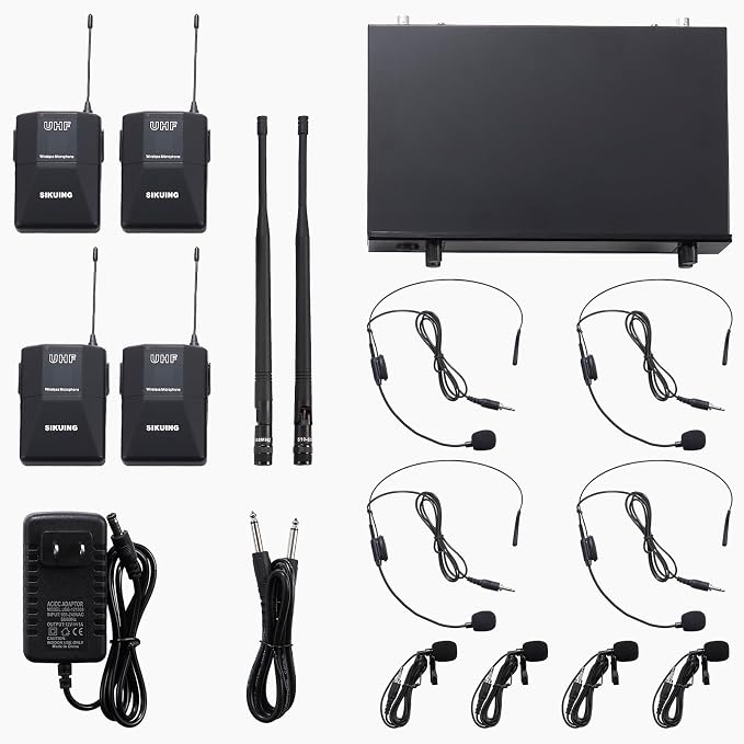4 Channel UHF Wireless Microphone System with Lavalier Headset Mics, 4x50 Adjustable Frequencies, Ideal for Karaoke Meeting Church, 300ft Range (4 Bodypack)