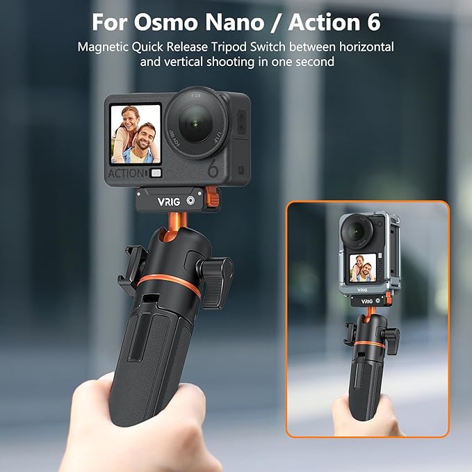 VRIG Action Camera Selfie Stick Tripod for DJI Osmo Nano/Action 6, Dual-Direction Magnetic Quick Release Adapter 360° Ball Head & Cold Shoe Mount, 8 to 21 inches Extendable Rod, AC-40N
