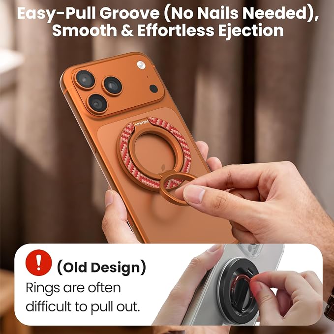 Nillkin FiberSnap Magnetic Phone Grip Ring Stand, Removable Phone Holder with Expanding Grip and Adapter Ring for MagSafe,360 Rotation Adjustable Kickstand for iPhone 16 Pro 15,14,13,12,11 (Orange)