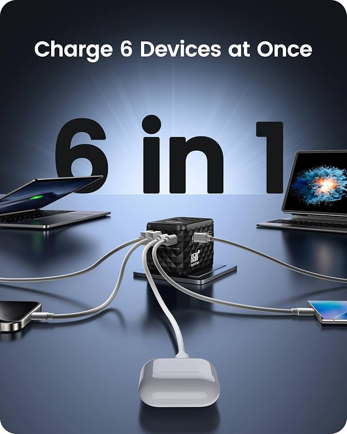 LENCENT 65W GaN International Travel Adapter with 2 USB-A & 3 Type C Ports | Fast Charger for Phones & Laptops, Worldwide Plug Adapter for USA/UK/EU/AUS, Black