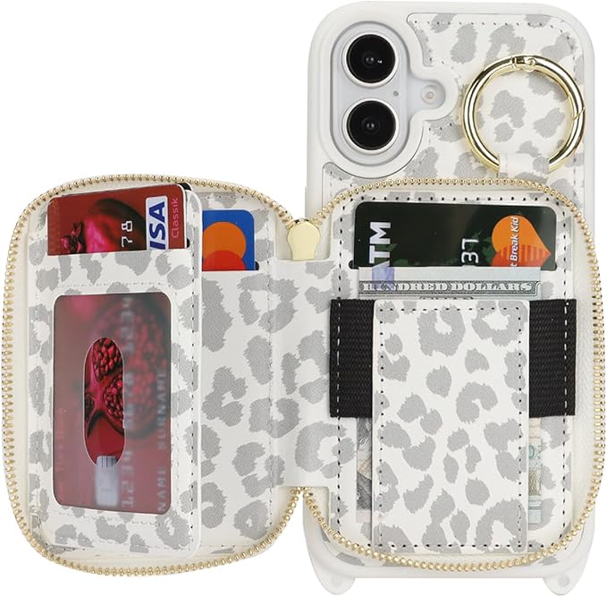 Crossbody Wallet Case for iPhone 17, PU Leather Zipper Handbag Purse Flip Cover, Kickstand Folio Case with Card Slots Holder Wrist Strap Lanyard 5G 6.3 Inch-White Leopard