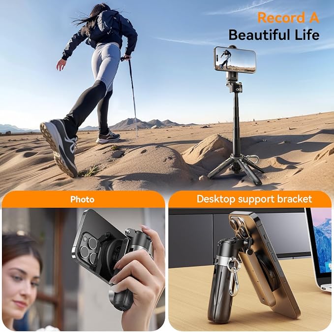 Magnetic Small Selfie Stick for iPhone,4 in 1 Multifunctional Portable Selfie Sticks Retractable Cell Phone Travel Tripod with Remote Control, Mini Phone Tripod for iPhone 17/16/15/14/13/12 Series
