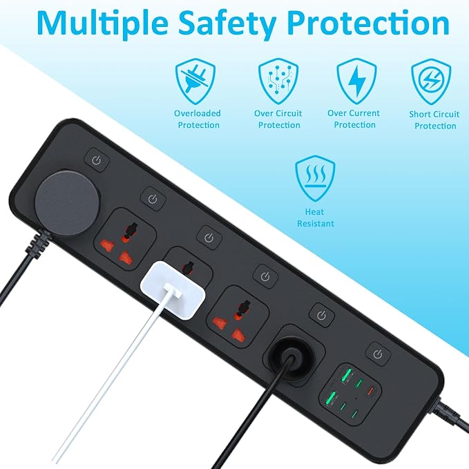 30W PD USB-C Fast Charging Power Strip,6 FT Extension Cord with Individual Outlet Switches, 5 Universal Sockets + 6 USB Ports, 110-240V 3000W Plug Adapter for Travel Home Office