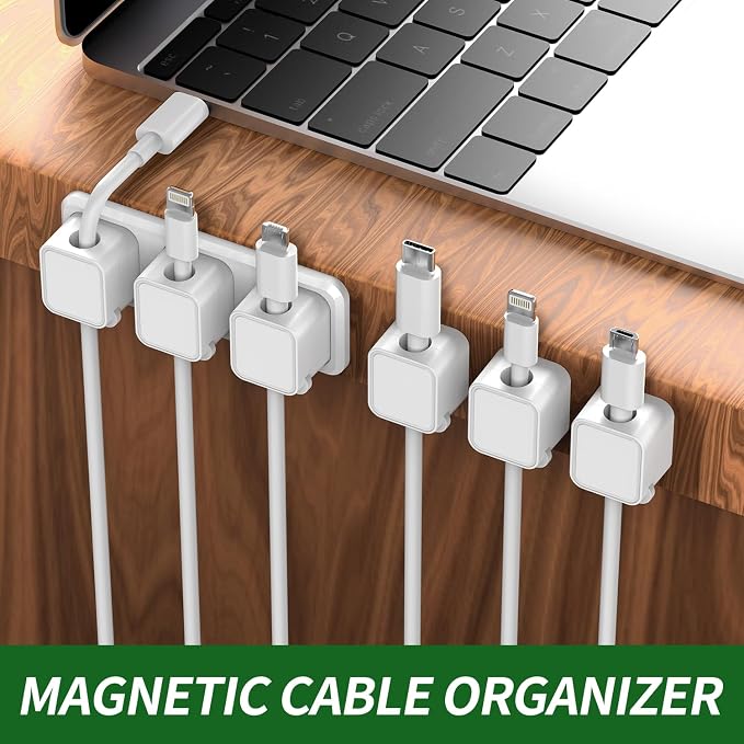 Magnetic Cable Organizer for Desk β Upgraded Wire Clips with Adhesive Base β Desktop Cord Holder for USB, Charging Cables β 6 Clips + 1 Magnetic Base (White)