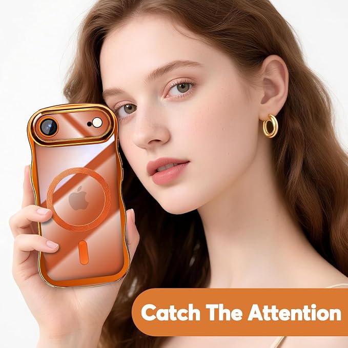 Misscase for iPhone Air Case with Privacy Screen Protector,Compatible with MagSafe,Cute Wave Frame Anti-Scratch Case with Camera Lens Protector Plating Bling Case for iPhone 17 Air Orange