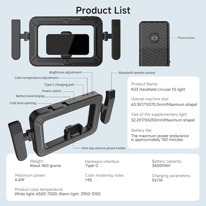 Handheld Smartphone LED Ring Light Video Rig with 20m Bluetooth Remote Handle, Ergonomic Stabilizer, 2900K-7000K Adjustable, Fast-Charge, 1/4” Mount for Selfies, Makeup, Live Streaming, Vlogging