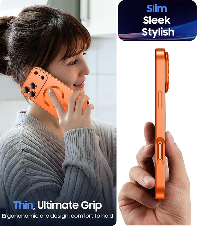 Magnetic for iPhone 17 Pro Case, Compatible with MagSafe, Built-in Camera Lens Protector, Slim Thin Soft Silicone Bumper Shockproof Metallic Luster Phone Case (Orange)