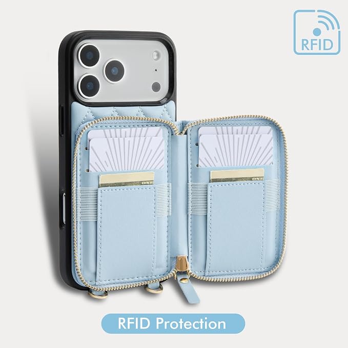 LAMEEKU for iPhone 17 Pro Case Wallet with Card Holder, Wrist Strap Crossbody Phone Cover for Women 6.3" Blue