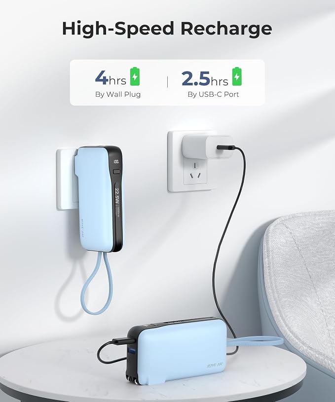 Portable Charger with Built-in USB-C Cable & Plug, 10,000mAh 5V/4.5A Power Bank Fast Charging 22.5W, Travel Essential Battery Pack 3 Output for iPhone 16/15 Series, Samsung Galaxy, iPad, 1 Pack