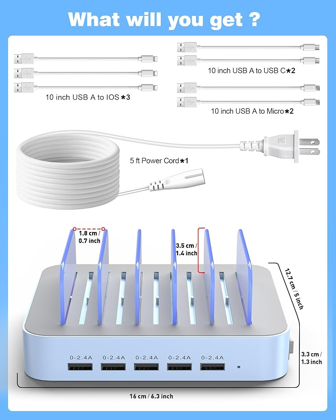 MSTJRY Charging Station for Multiple Devices : 5 Port Multi USB-A Charger Stations Multi-Device Organizer Charging Dock Designed for iPhone iPad Cell Phone Tablets (7 Short Cables Included), Blue