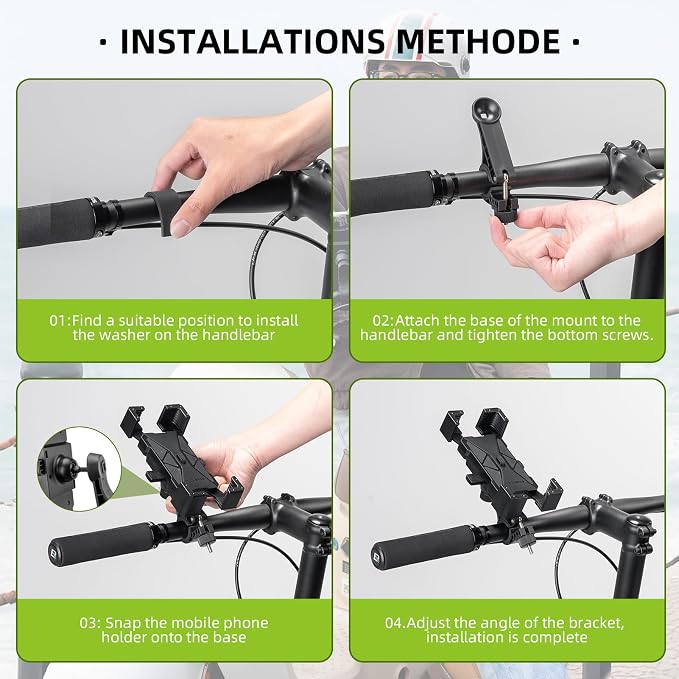 ROCKBROS Bike Phone Holder, Motorcycle Phone Mount, Anti-Shake Cell Phone Holder, 360° Adjustable for iPhone 16, 15 Pro Max/Plus, S9, S10 and More 4.7" to 7" Smartphones,Green
