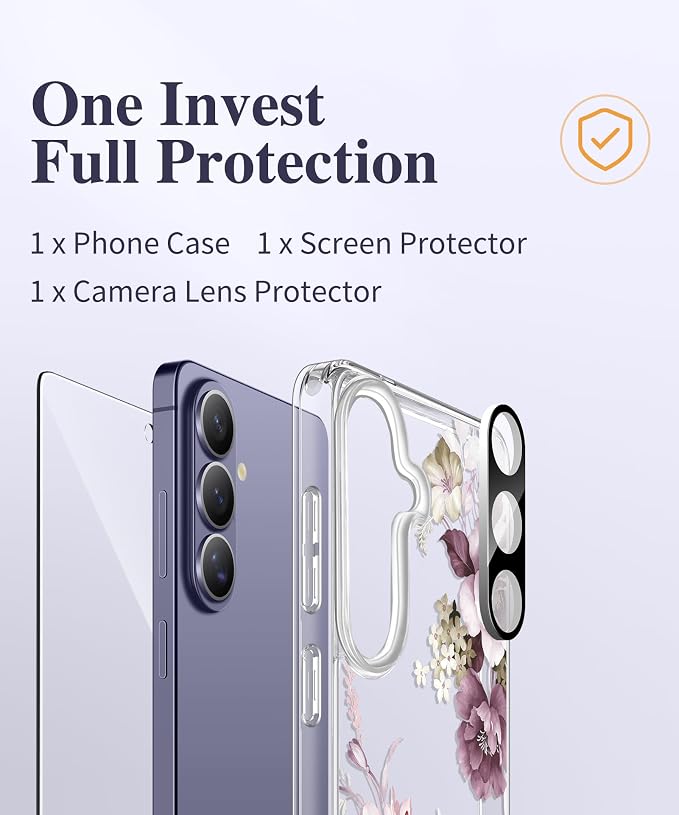 GVIEWIN for Samsung Galaxy S26 Case, Clear Floral Slim Shockproof Protective Women Phone Case, Non-Yellowing, with Screen Protector & Camera Lens Protector for Galaxy S26 6.3", Cherry Blossoms/Purple