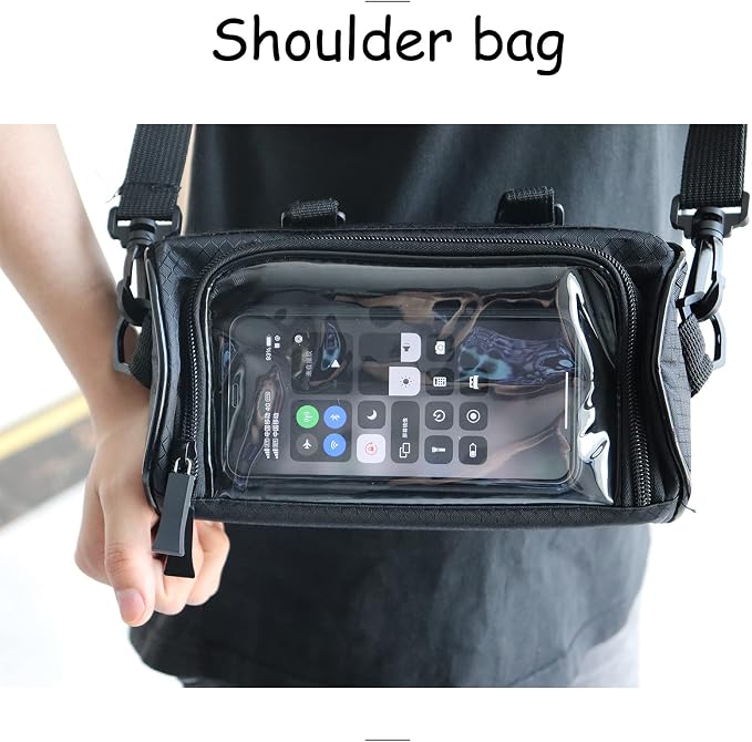 Bike Handlebar Bag, Waterproof Bicycle Front Storage Bag, Bike Phone Holder Accessories, Transparent Pouch Touch Screen with Removable Shoulder Strap for Dirt Bikes, Road Bikes, Mountain Bikes