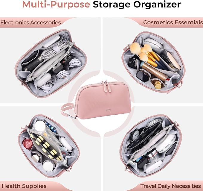FYY Travel Cable Organizer - 8 Compartments, Lightweight, Water Repellent | With Wrist Strap, Portable Tech Pouch for Cord Charger, Travel and Business Trips Use, Soft Shell Nylon, Pink (Medium)