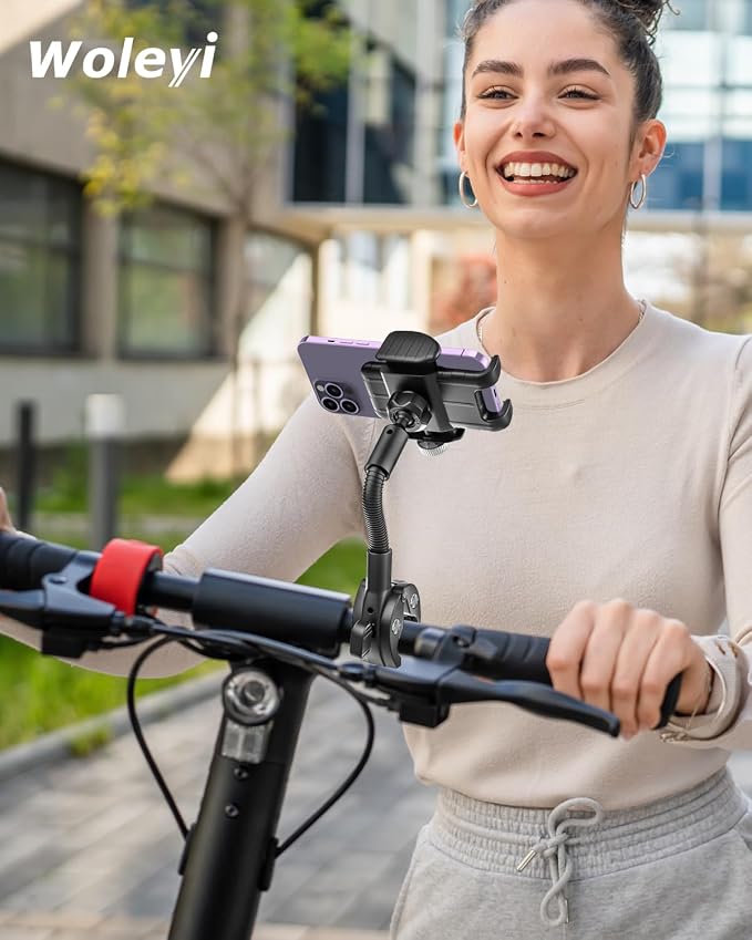 woleyi Gooseneck Phone Holder for Bike - Motorcycle Phone Mount, 360° Rotatable Adjustable Cell Phone Handlebar Clamp, Scooter Phone Clip, for iPhone Air 17 Pro Max 16 1514 13, S25, 4.7-7" Smartphones