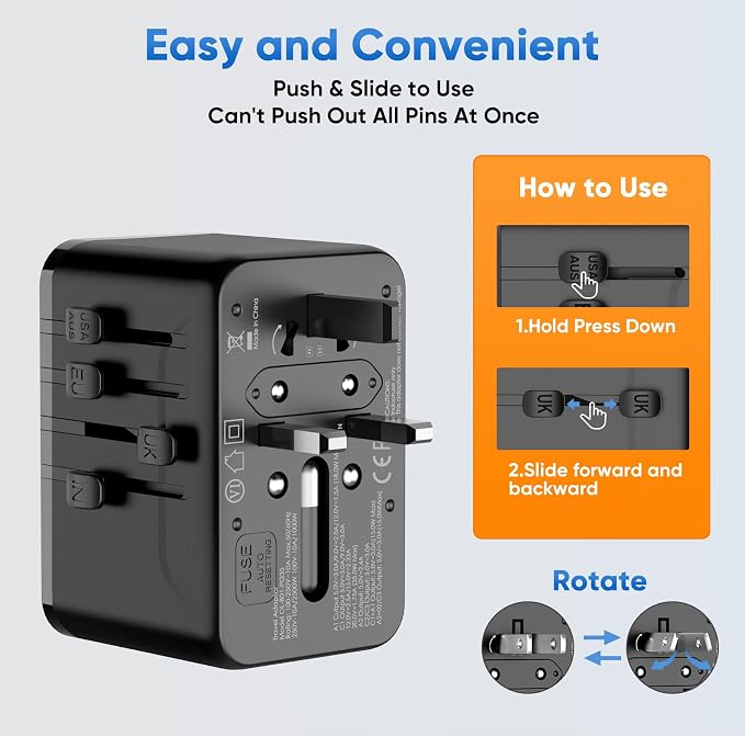 Universal Travel Adapter - 35W International Power Adapter with Fuse Auto-Resetting, USB-C PD Fast Charging Worldwide Plug Adaptor for USA to European UK AUS India, Type C/G/D/I/A, Black