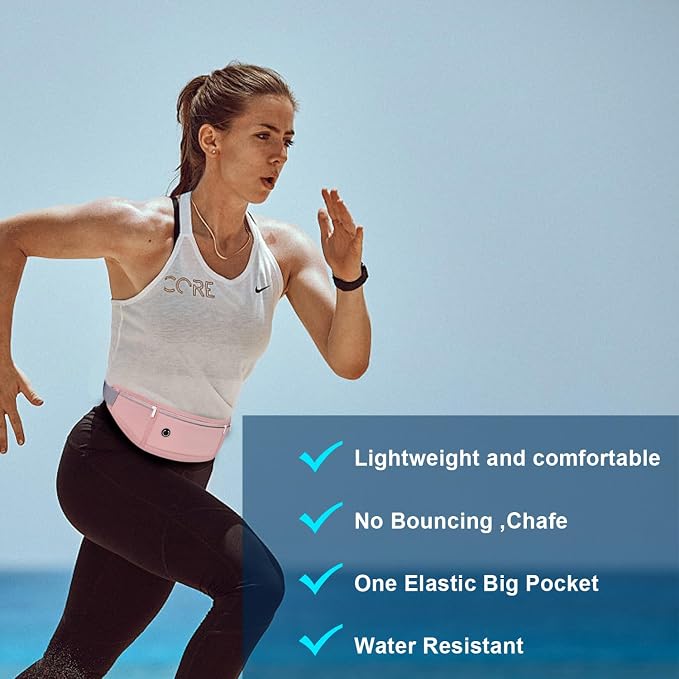 Slim Running Belt for Women Men,Runners Fanny Pack Phone Holder,Money Belt,Running Gear Accessories,with 3 Pockets.(Pink)