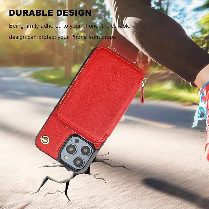 Bocasal Crossbody Wallet Case for iPhone 14 Pro Max, RFID Blocking Leather Purse Case with Card Holder, Protective Handbag Flip Cover with Zipper Wrist Strap Lanyard for Women 5G 6.7 Inch (Red)