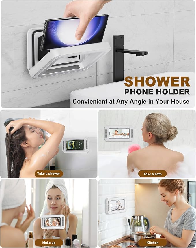 Upgraded Shower Phone Holder Waterproof with Speaker Hole Screentouch Shower Phone Stand Case Mount for Bathroom Bathtub Kitchen Wall Mirror for iPhone1716 15 14 13 12 11 Pro XS XR Max (White)