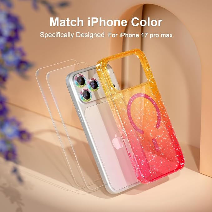Choiche Magnetic for iPhone 17 Pro Max Case Compatible with MagSafe, Women Cute Glitter Sparkly Phone Case with Diamond Camera Lens Protectors, Military-Grade Drop Protection 6.9" (Gold/Pink)