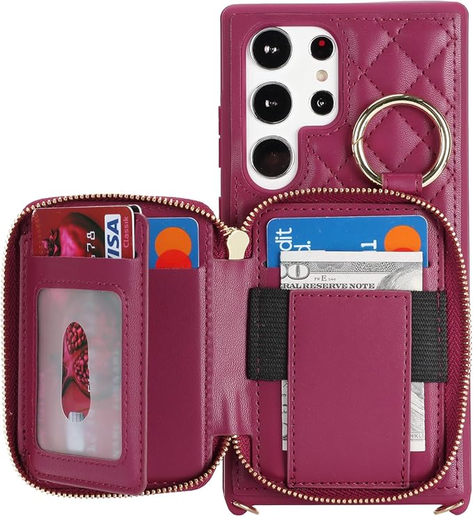 Crossbody Wallet Case for Galaxy S24 Ultra, PU Leather Zipper Handbag Purse Flip Cover, Kickstand Folio Case with Card Slots Holder Wrist Strap Lanyard -Dark red