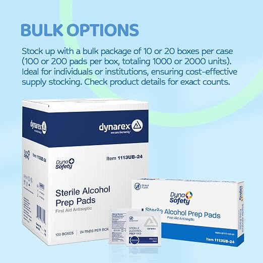 Dynarex DynaSafety Sterile Alcohol Prep Pads - Medium - 70% Isopropyl Alcohol, Individually Wrapped, Soft Cleaning Wipes - Case of 100 Boxes, 24 per Box