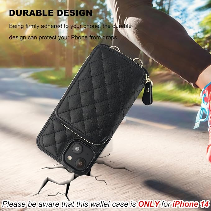Bocasal Crossbody Wallet Case for iPhone 14, RFID Blocking PU Leather Zipper Handbag Purse Flip Cover, Kickstand Folio Case with Card Slots Holder Wrist Strap Lanyard 5G 6.1 Inch (Black)