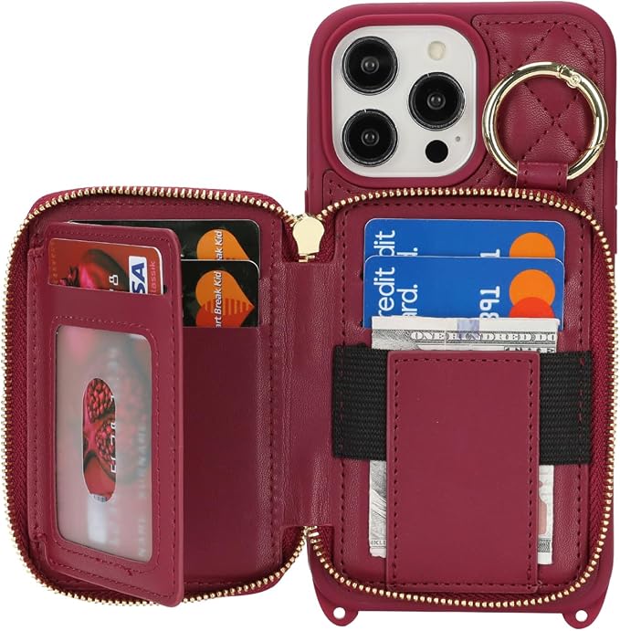 Crossbody Wallet Case for iPhone 14 Pro Max, PU Leather Zipper Handbag Purse Flip Cover, Kickstand Folio Case with Card Slots Holder Wrist Strap Lanyard 5G 6.7 Inch-Dark red