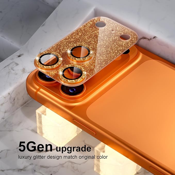 Choiche Compatible for iPhone 17 Pro Camera Lens Protector, Bling Camera Cover with 9H Tempered Glass Lens Screen Protector Metal Ring Decoration Accessories 6.3-inch (Glitter-Orange)