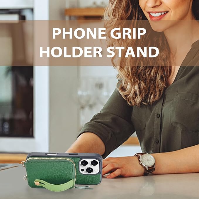 LAMEEKU Compatible for iPhone 16 Pro Max Wallet Case, Zipper Leather Card Slots, Crossbody With Phone Grip Holder Stand Wrist Strap for 6.9 Inch Dark Green