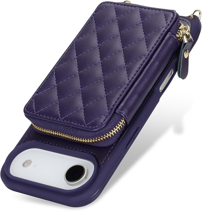 Crossbody Wallet Case for iPhone Air, PU Leather Zipper Handbag Purse Flip Cover, Kickstand Folio Case with Card Slots Holder Wrist Strap Lanyard 5G 6.5 Inch-Purple