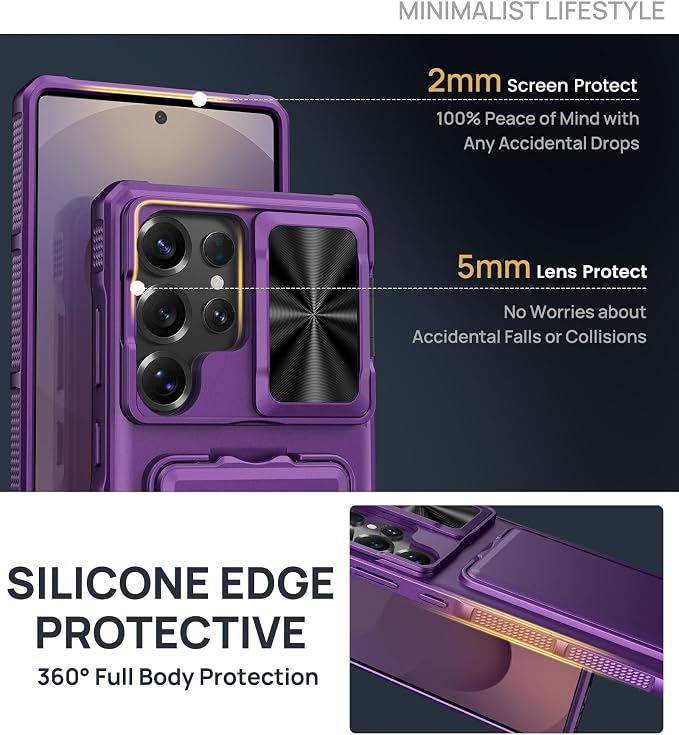 SSLOTSCASE for Samsung Galaxy S25 Ultra Case with 2X Screen Protector, Card Holder & Lens Cover & Hidden Kickstand, Silicone Edge Durable Protective Wallet Cover for Galaxy S25 Ultra, Dark Purple