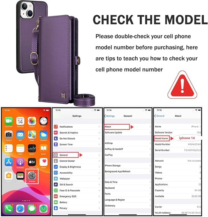 for Wallet Case Compatible with iPhone 14,Multi-Function Detachable 2 in 1 Magnetic iPhone 14 Case Wallet,Flip Strap Zipper Card Holder Phone Case with Shoulder Straps (Pruple)