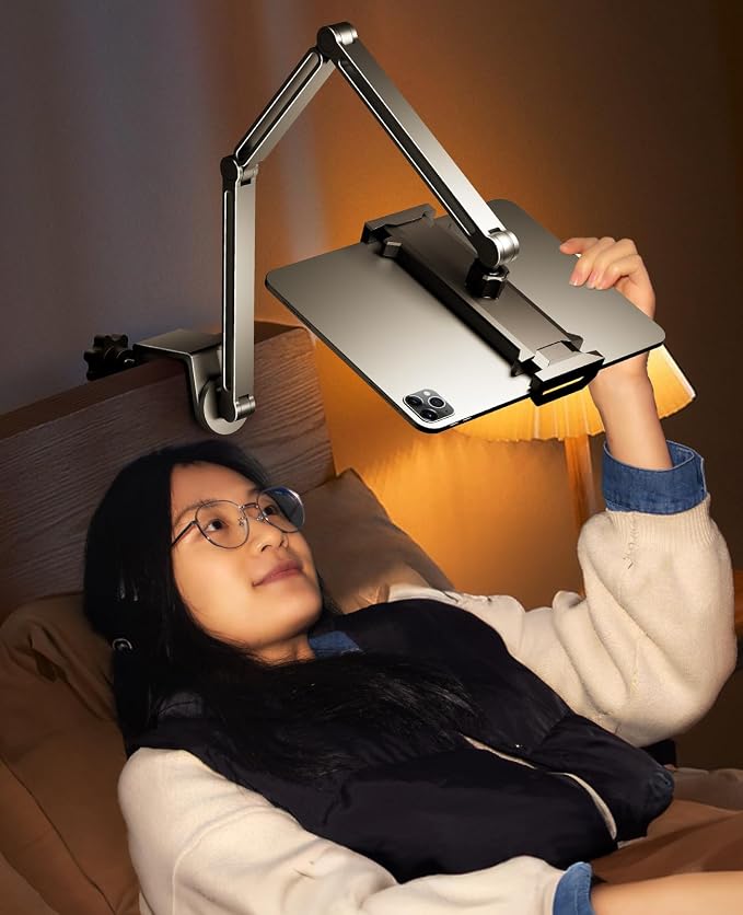 Tablet Arm Mount with Super Grip, Adjustable Foldable Holder & Heavy Duty Aluminum 360° Rotating Clamp for iPad, Phone, Monitor, Kindle - Universal for Desk, Bed, Kitchen - Space Grey