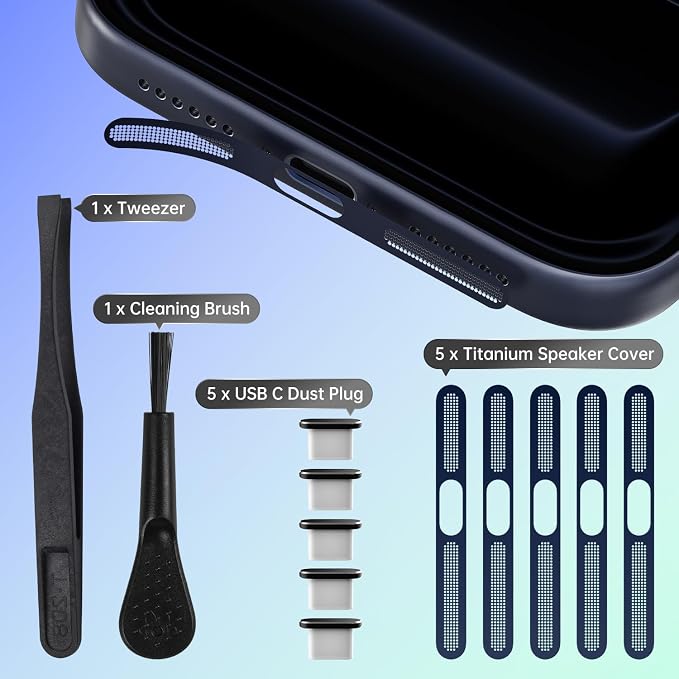 USB C Dust Plug for iPhone 17 Pro Max/ 17 Pro, 5PCS iPhone Speaker Protector & Type C Charging Port Cover Cap for iPhone 17 Pro Max, Earpiece Speaker Mesh Adhesive Stickers with Tweezer, Deep Blue