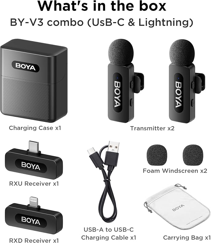 BOYA BY-V3 Combo Wireless Microphone for iPhone Android Smartphone,100M Los Range,36H Duration,Noise Cancellation,Plug&Play Lavalier Lapel Mics for Vlogging Interview 2-in-1 Charging Case(2TX+2RX)