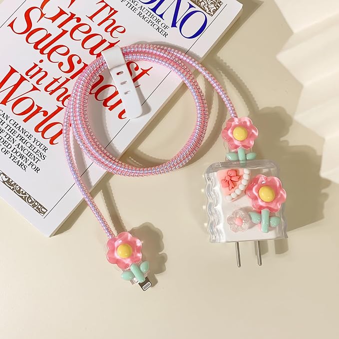 Lovmooful Compatible for iPhone 18W/20W USB-C Charger Cover Clear Lovely 3D Flower Floral Bowknot Design Soft Charger Protector Cute Cable Case Saver Protector for Girls Women-Pink Flower