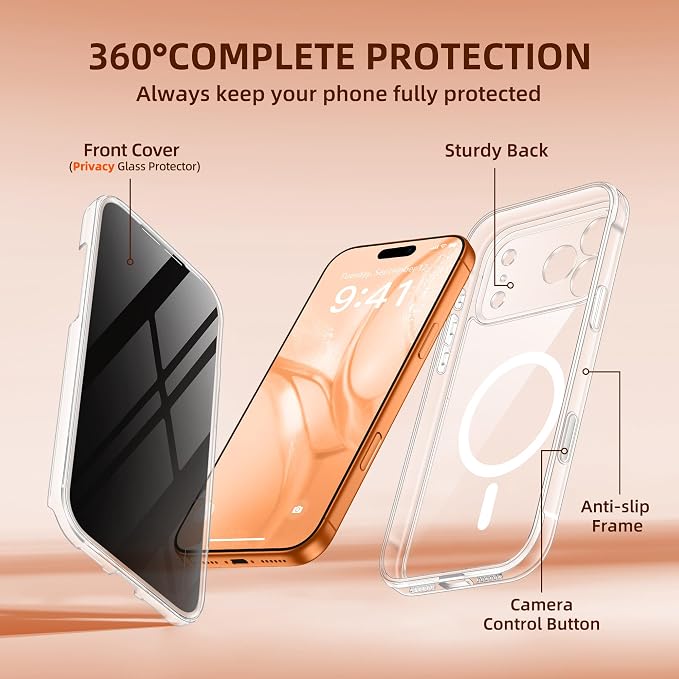 BERFY for iPhone 17 Pro Max Case, Compatible with MagSafe, Built-in Privacy Screen Protector, Camera Protection, Shockproof Full Body Phone Case 6.9", Clear
