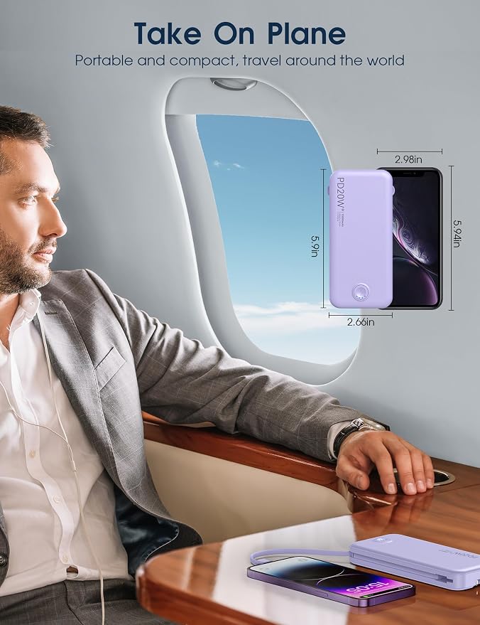 Nusyddy Portable Charger 10000mAh PD20W w/Built-in Cables & Wall Plug Purp. | PD20W Fast Charging, Battery Indicator, Pass Through Charging, TSA Approved, Compact/Slim, Power Bank for iPhone/iPad/Samsung