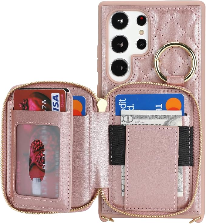 Crossbody Wallet Case for Galaxy S23 Ultra, PU Leather Zipper Handbag Purse Flip Cover, Kickstand Folio Case with Card Slots Holder Wrist Strap Lanyard -Rose Gold