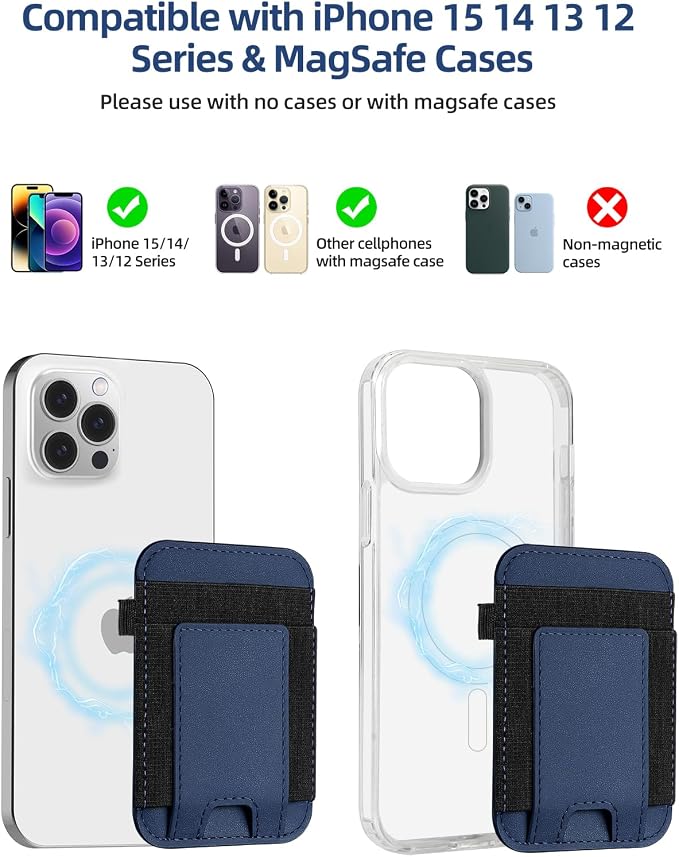 For Magsafe Wallet, Strongest Magnetic Wallet for iPhone 17/16/15/14/13/12 Series, for Magsafe Card Holder with 2 Card Slots, Magnetic Card Holder, Vegan Leather, Hold 7 Cards, Slim, Navy Blue